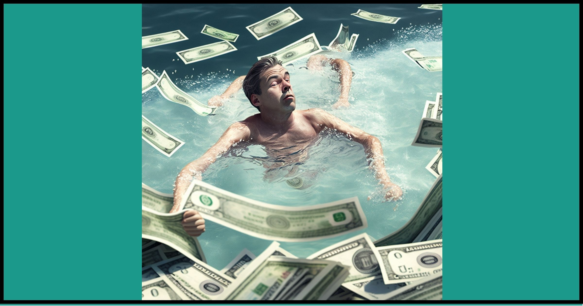 Midjourney AI: A person swimming in an outdoor swimming pool full of money.