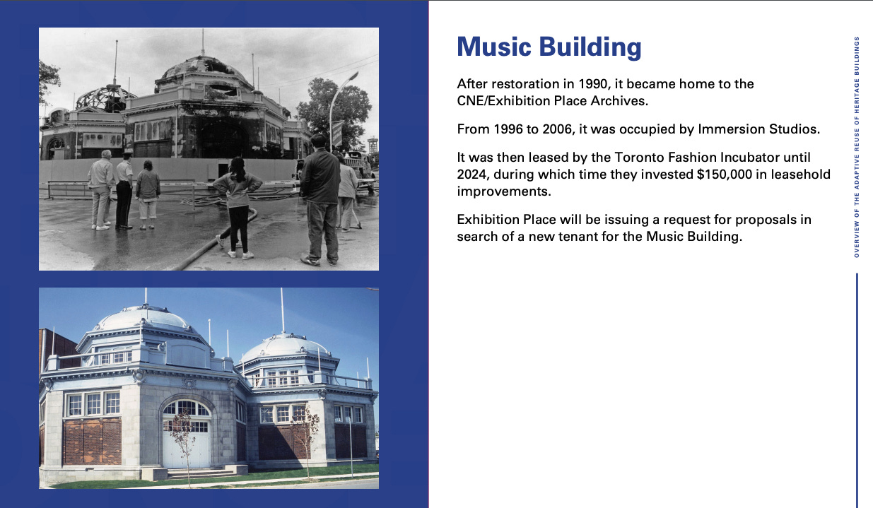 Slide titled "Music Building" showing two photos: one of old building in poor state and one of modern building restored