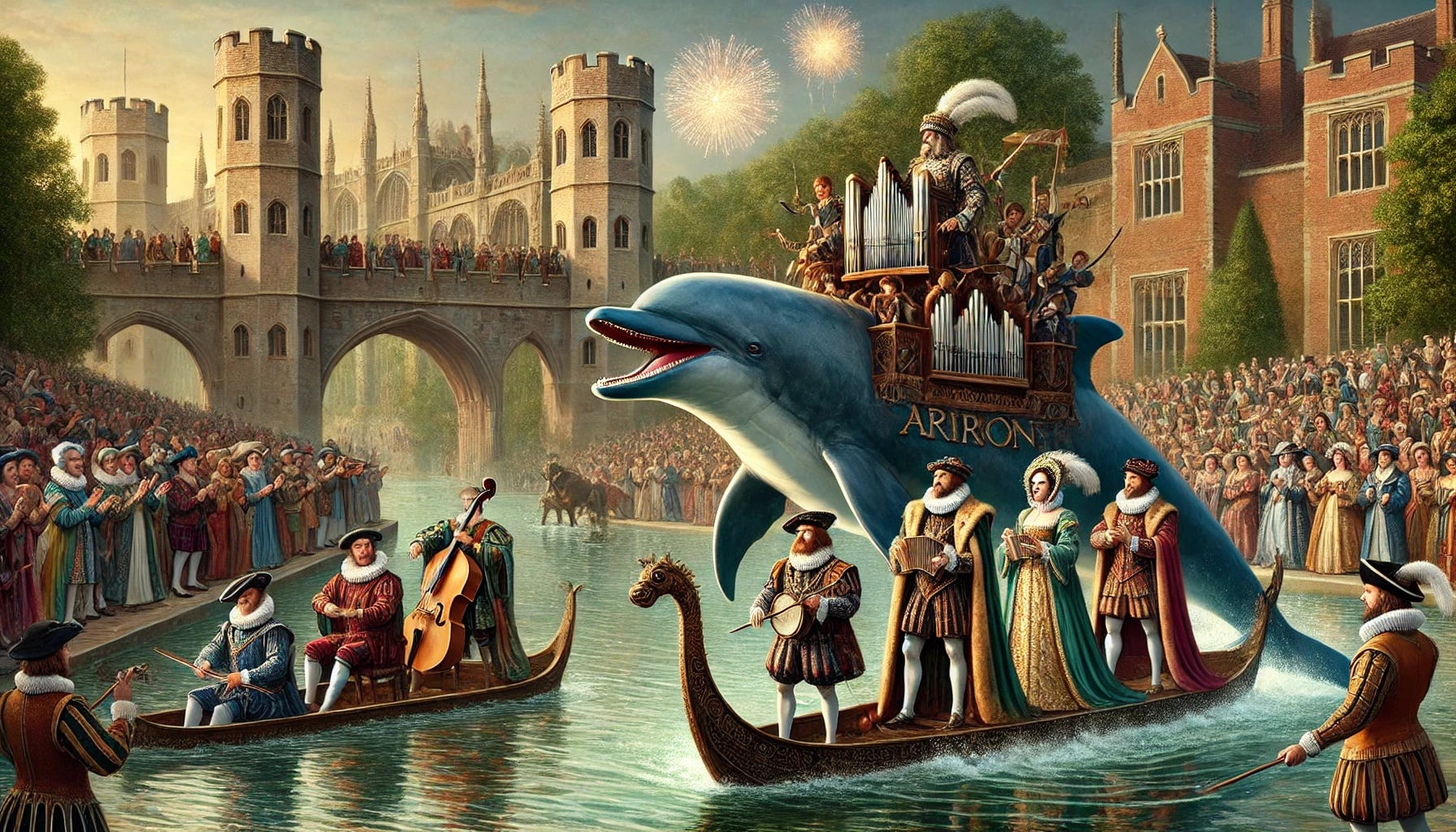 A grand water pageant at Leicester Castle, featuring the mythical musician Arion riding on a large, majestic man-made dolphin. The dolphin has an orchestra inside, with musicians playing instruments visible through its body. The scene takes place in a man-made lake, surrounded by lush greenery and Renaissance architecture. Noblemen and women in elaborate Elizabethan attire stand on a bridge, applauding the spectacle. Fireworks light up the night sky, with their reflections shimmering on the water. The atmosphere is festive, with rich details and realistic textures.