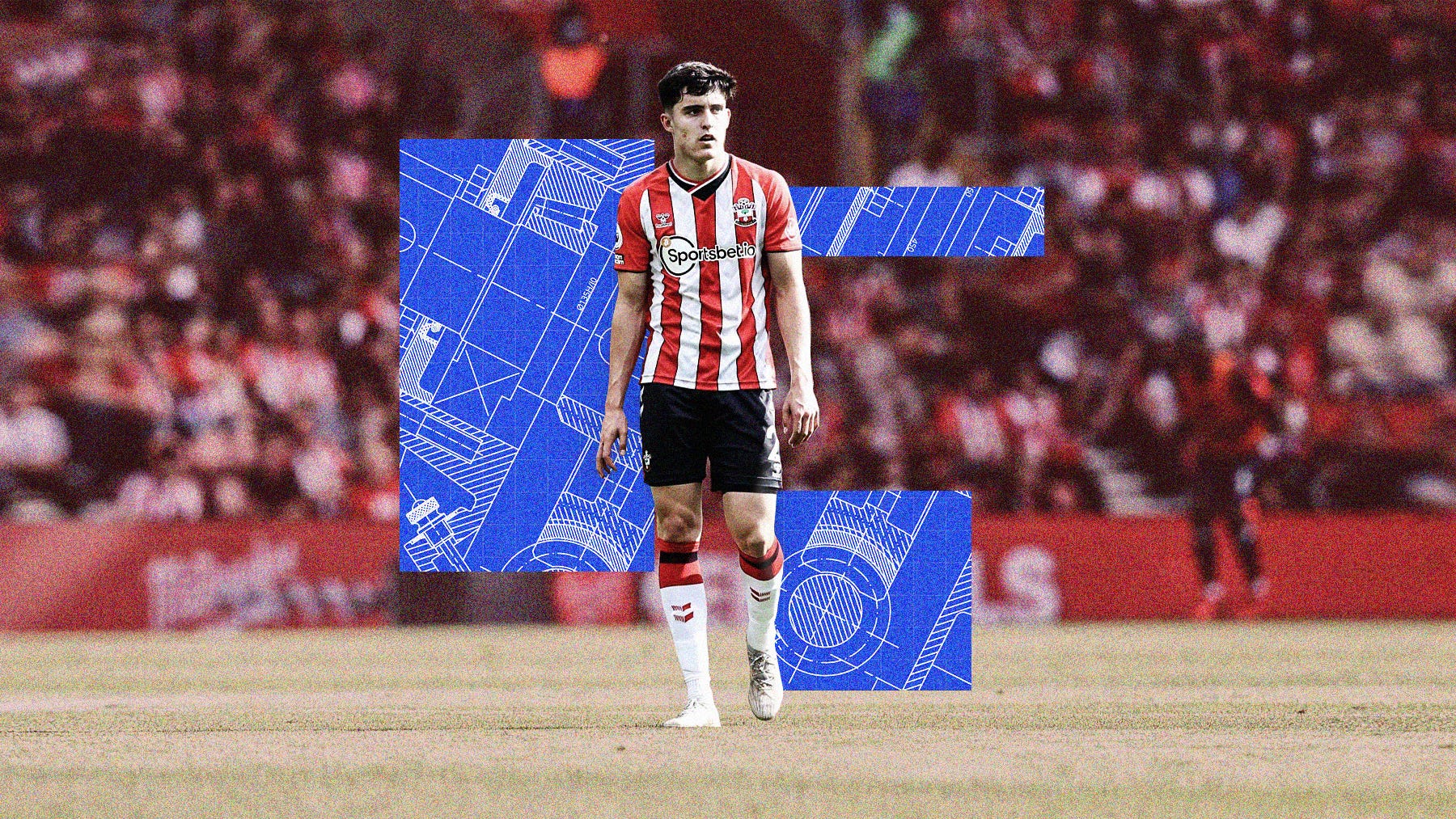 A wide-frame photo of Tino Livramento playing for Southampton, edited with a red hue and elements of a blueprint underlayed onto it