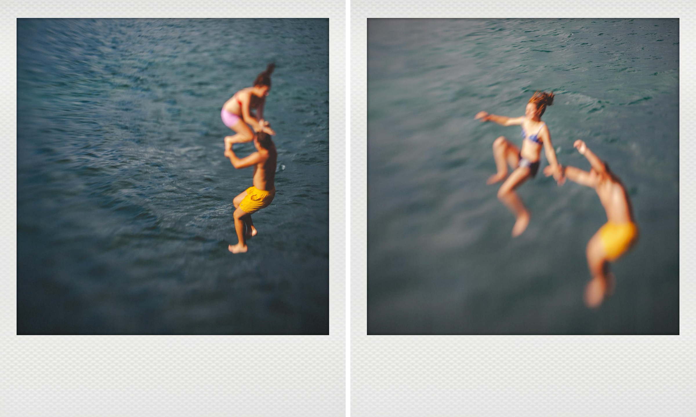 Two Polaroid photos with narrow focus of a man and a woman diving into blue water