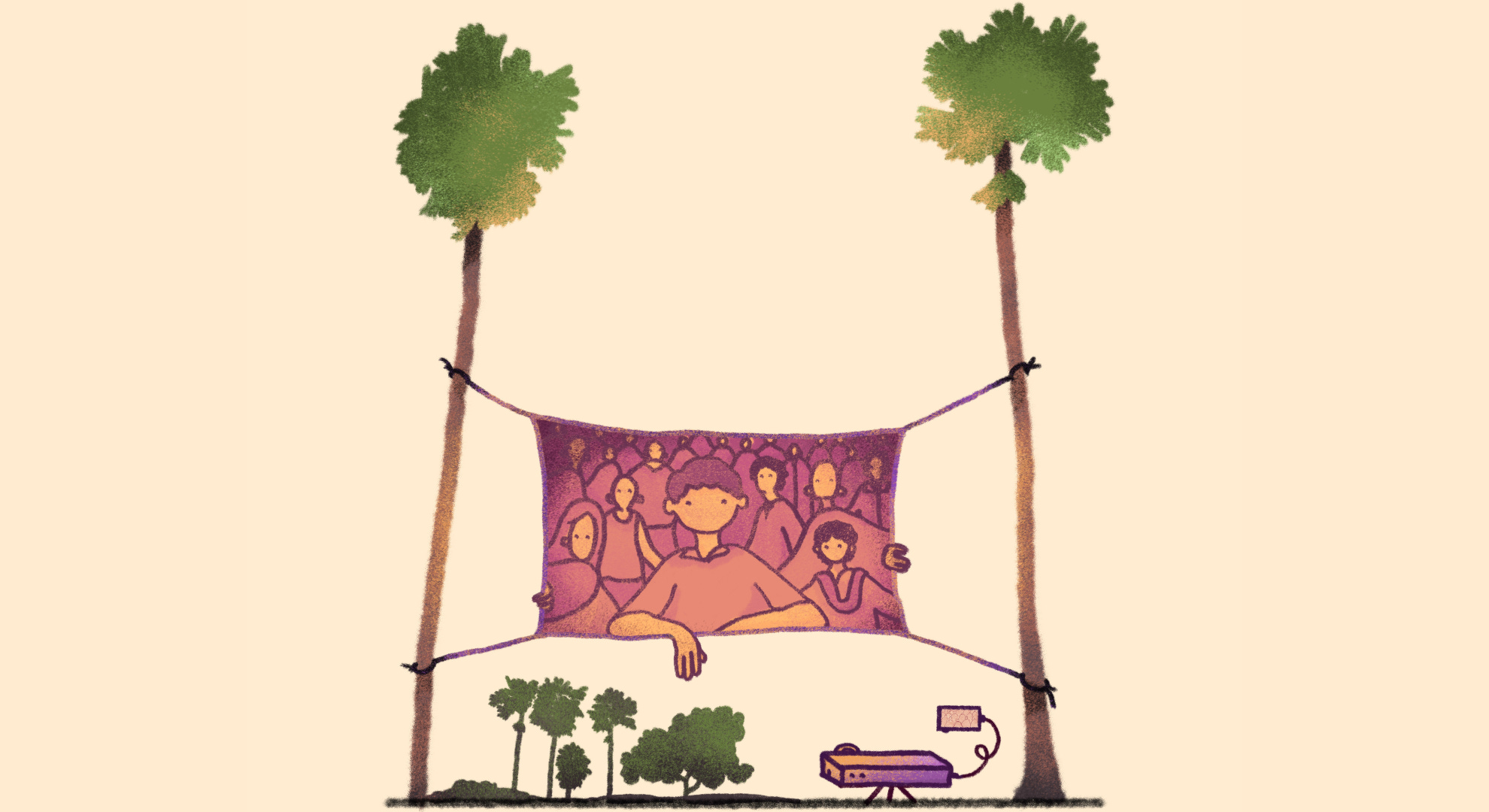 Art showing a displayed banner, having a lot of people, with its ends tied to two trees. The banner has a few of the hands of the people reaching out of it and with a projector in front showing that the image of the banner is being screened Art showing a displayed banner, having a lot of people, with its ends tied to two trees. The banner has a few of the hands of the people reaching out of it and with a projector in front showing that the image of the banner is being screened