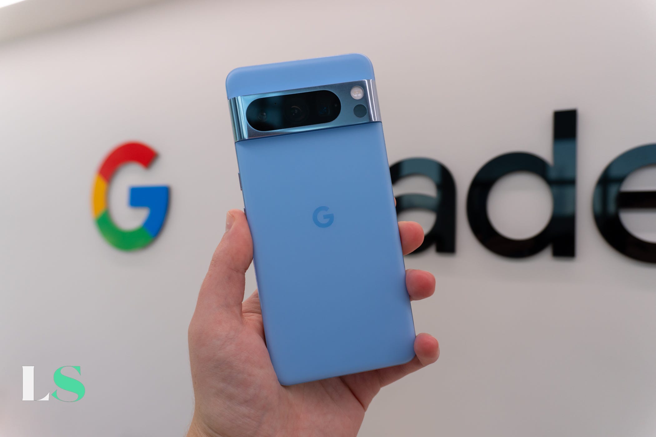 Google Pixel 8 Pro in Bay blue, photographed at the Made by Google event in New York City.