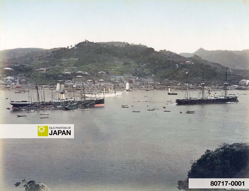Hand colored albumen print of steamers anchored in Nagasaki Harbor, ca. 1880s