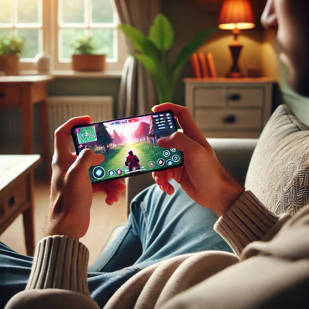 A person playing a video game on their smartphone. The person is sitting on a comfortable couch in a cozy living room. They are engrossed in the game, with a look of concentration on their face. The smartphone screen is bright, showing a colorful game interface. The room is softly lit, with a few decorative items like a potted plant, a bookshelf, and a coffee table with a cup of coffee on it. The overall atmosphere is relaxed and casual.