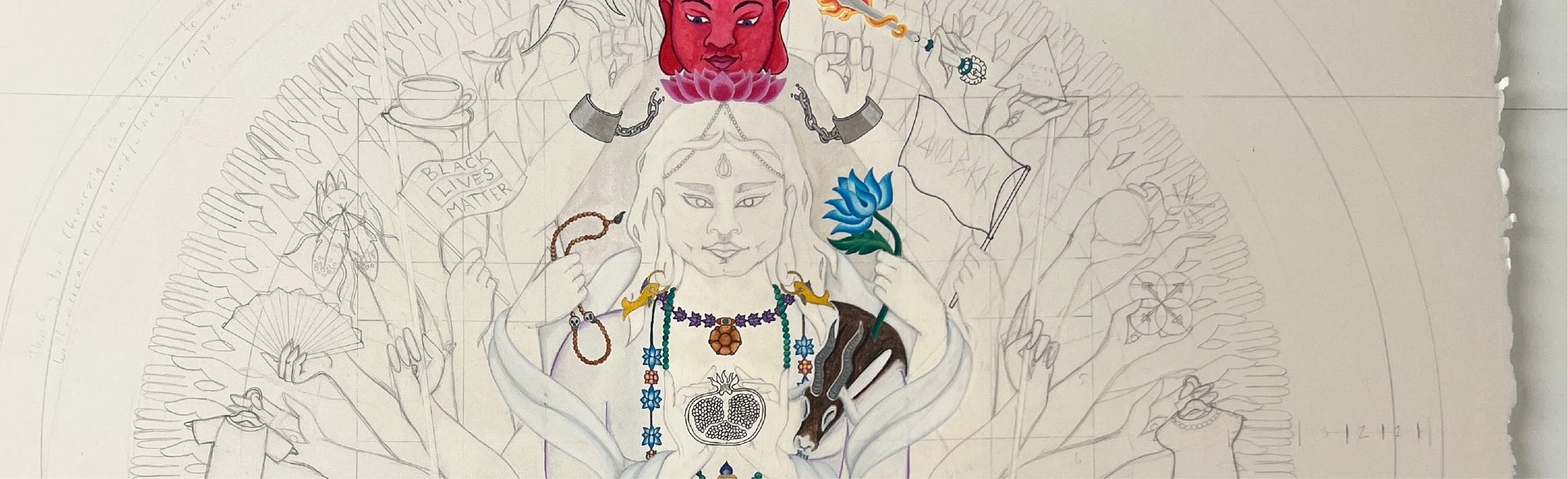Glimpse of the progress of the figure of Avalokiteshvara. The figure is still largely pencil outline in this image, although there are vibrants notes of colour in the adornments and sacred objects they are wearing and holding. 