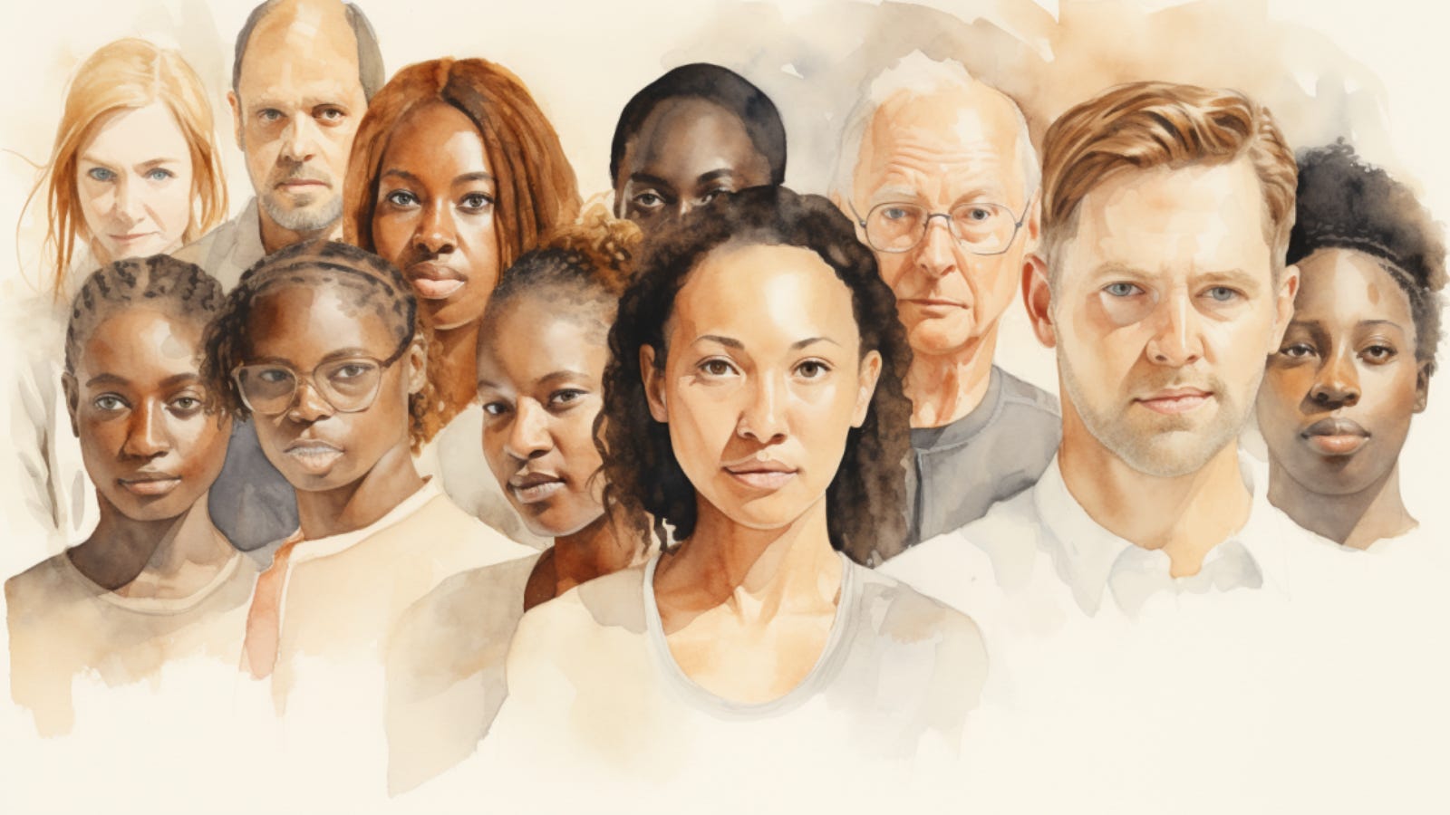 Watercolor sketch of several young and old faces of different races.