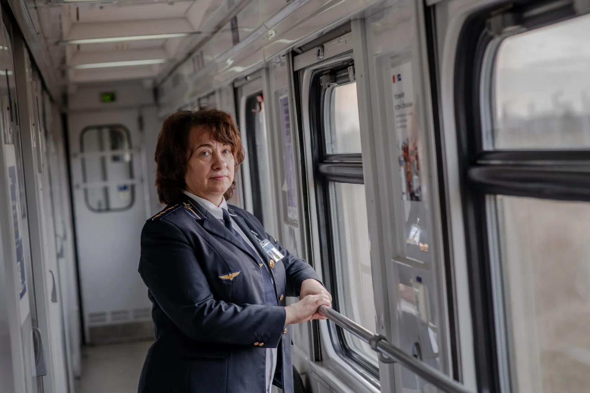 Train manager, Inna Matushchak, in a first-class carriage. Photograph: Kasia Stręk/The Guardian