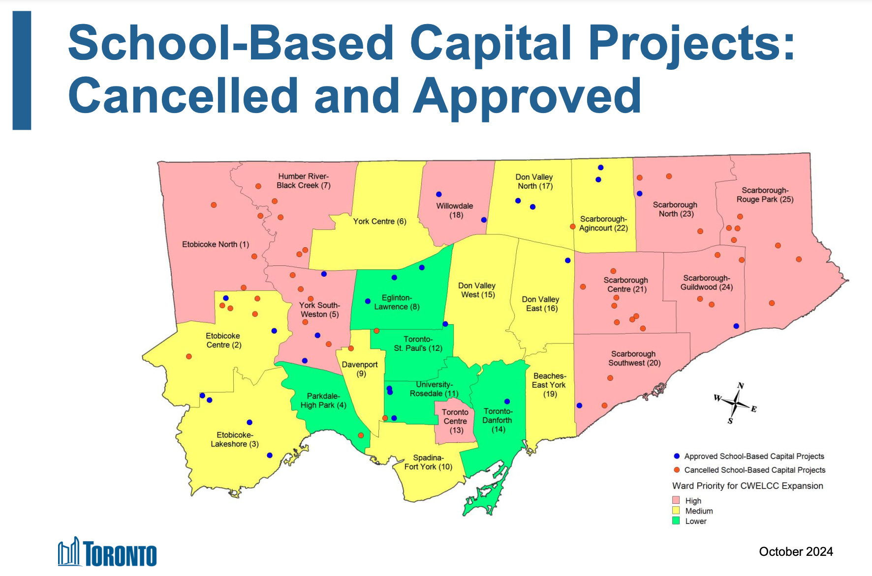 Map of planned childcare centres in schools that have lost funding. Most are located in North Etobicoke and Scarborough.