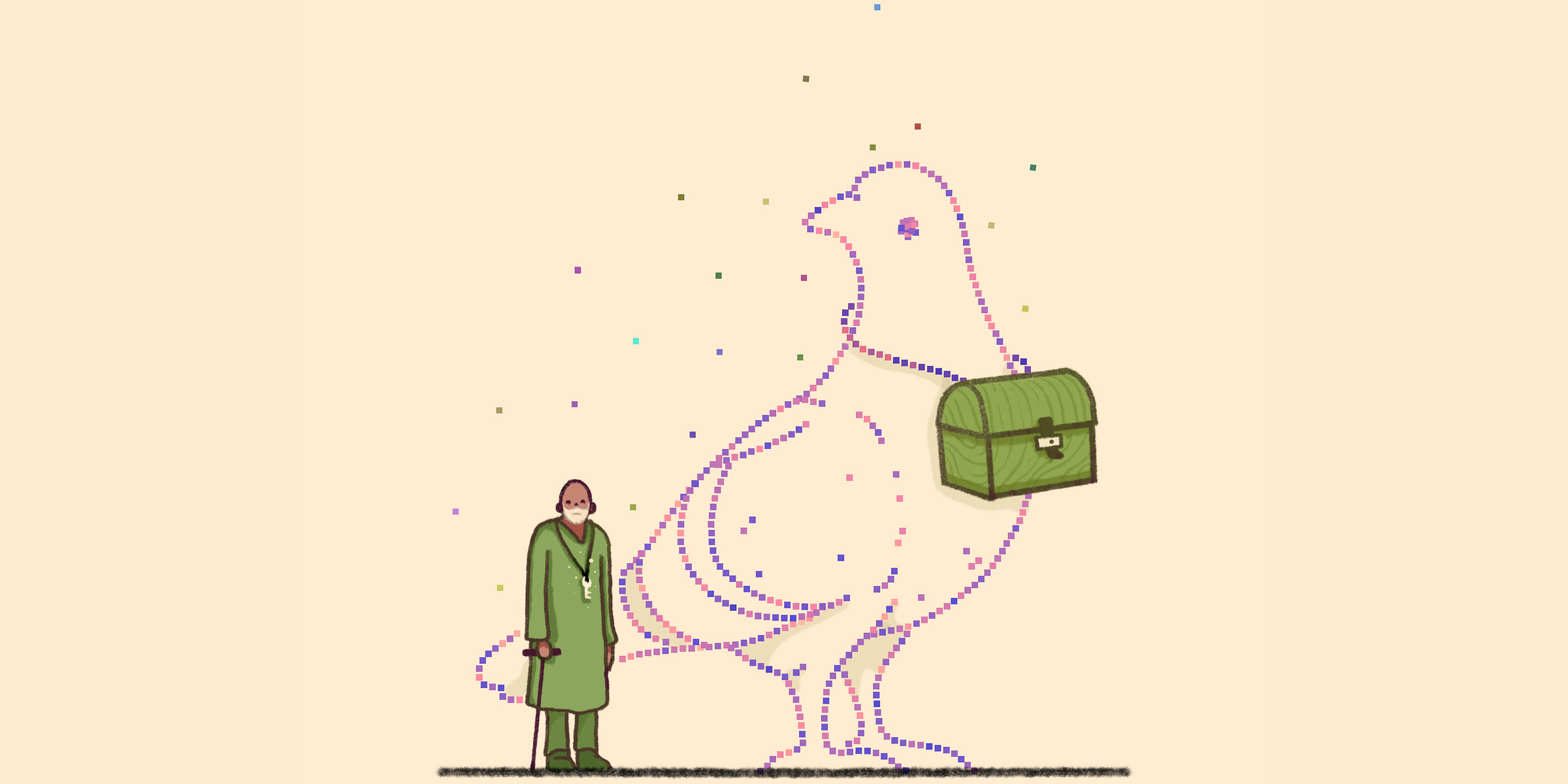 Art showcasing an old man wearing a key as a pendant on his neck, standing next to a giant bird made of tiny blocks having a box attached to its' neck, the key to which- the old man is wearing