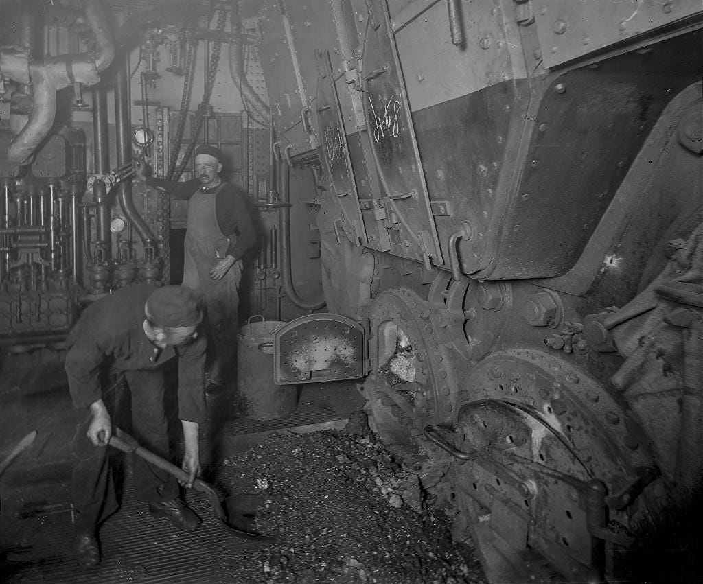 Fire room on the U.S.S. Massachusetts, between 1896 and 1901