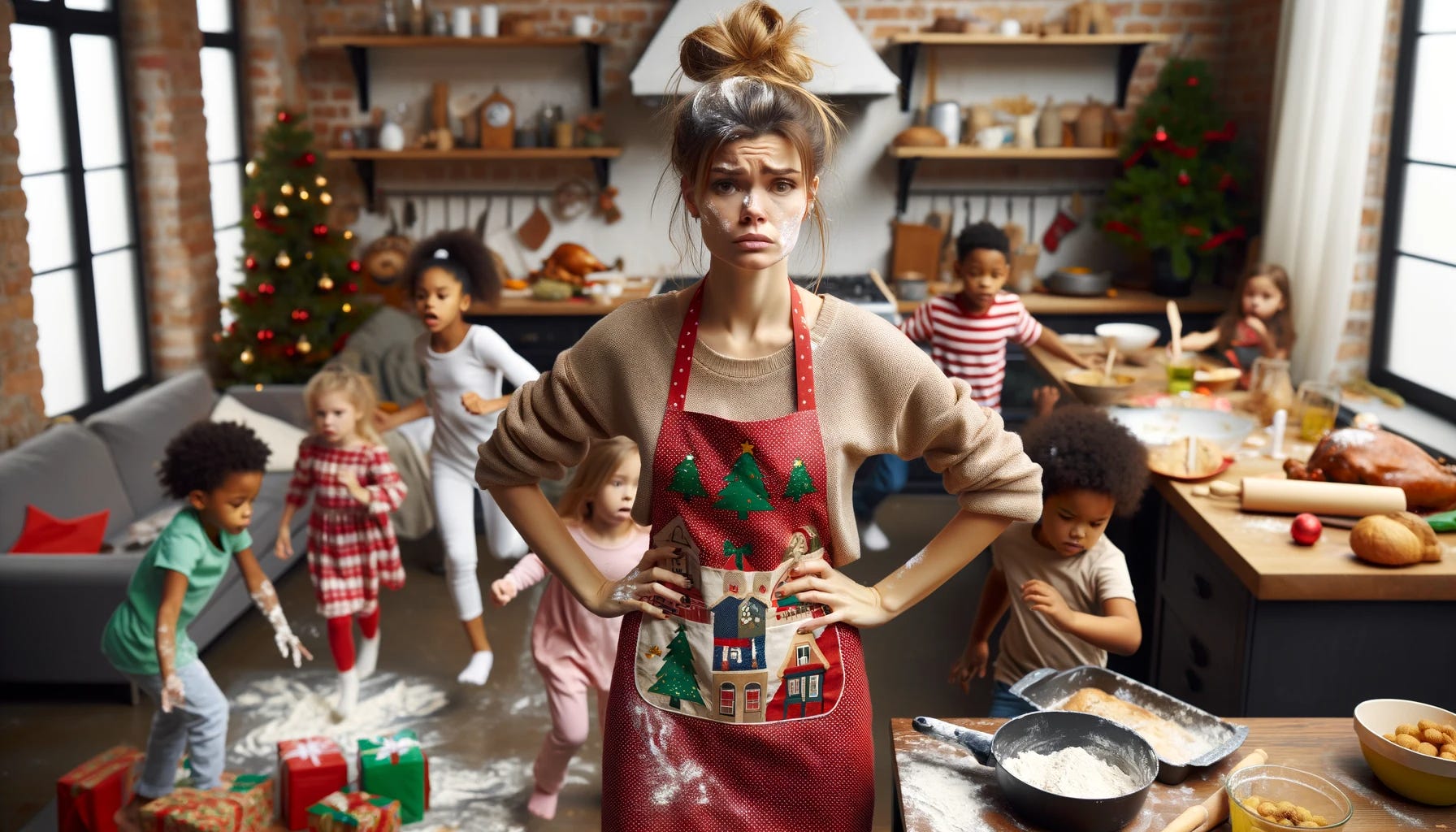 A young Caucasian woman in a festive apron is in a kitchen, looking stressed and disheveled as she prepares a Christmas feast. Her hair is in a messy bun, with flour on her face, and she’s surrounded by children of diverse descents, including Black, Hispanic, and Asian. The children are running around, some with toys in their hands, creating a chaotic scene. The room is decorated for Christmas, with a partially decorated tree in the background and presents scattered around, some half unwrapped.