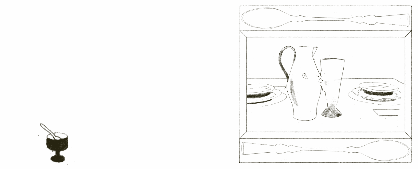 On the left, there's a minimalist black-and-white drawing of a dessert bowl with a spoon resting inside, resembling a petite serving of gelato or pudding. On the right, there's a sketch of a dinner setting with a pitcher and a goblet facing each other, both subtly illustrated with facial features to resemble a kiss. Framed by spoon motifs at the top and bottom.