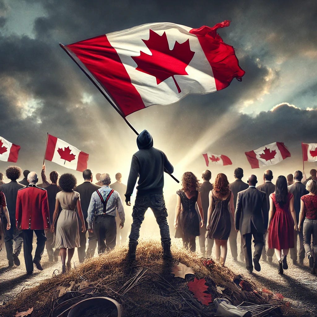 A powerful and symbolic image featuring a diverse group of people from different classes and races standing together in a Canadian landscape. One individual stands apart from the group, holding a Canadian flag proudly, representing the 'black sheep' who embraces uniqueness and defiance against conformity. The rest of the group is moving in a different direction, while the individual with the flag confidently faces forward. The scene includes a rugged Canadian landscape with dramatic lighting breaking through clouds, symbolizing hope, strength, and resilience. The tone emphasizes empowerment, courage, and the celebration of individuality, highlighting the diversity in the freedom movement.