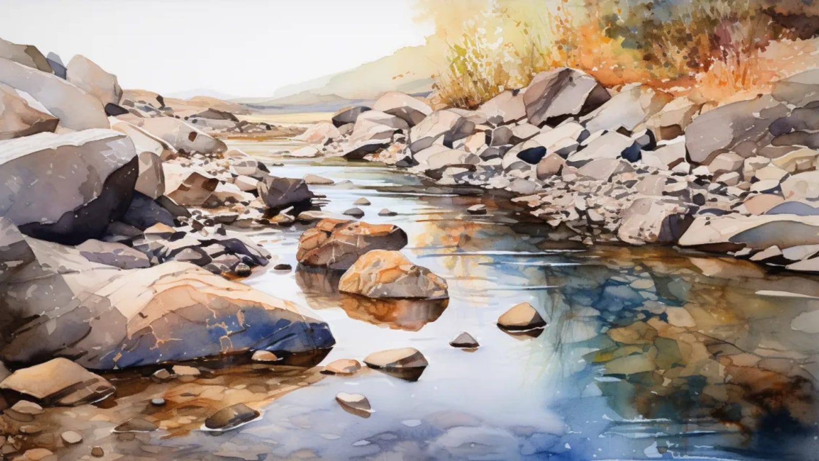 Watercolor sketch of a riverbed full of quartz stones.