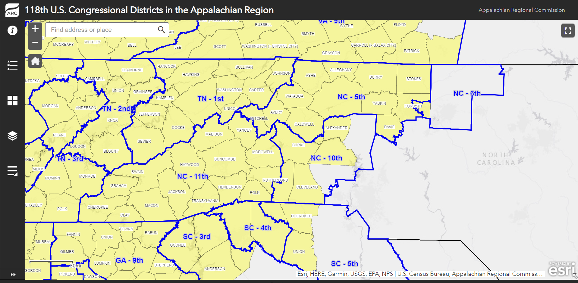 Map of 118th Congressional Districts in the Appalachian Region.