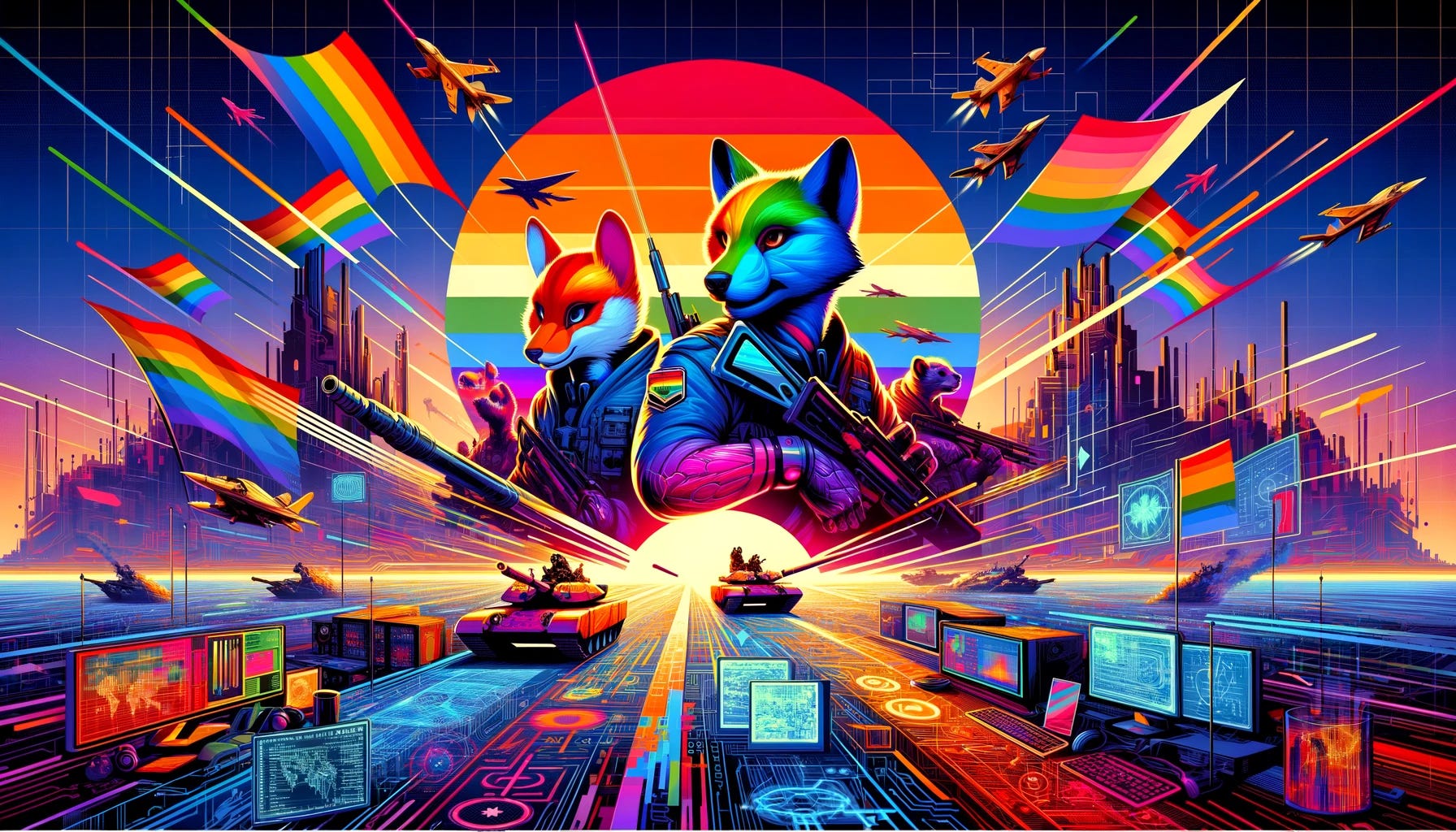 A futuristic and abstract digital artwork for a blogpost header, reimagined for the title 'Gay Furry Hackers on the Frontlines of a Cyberwar'