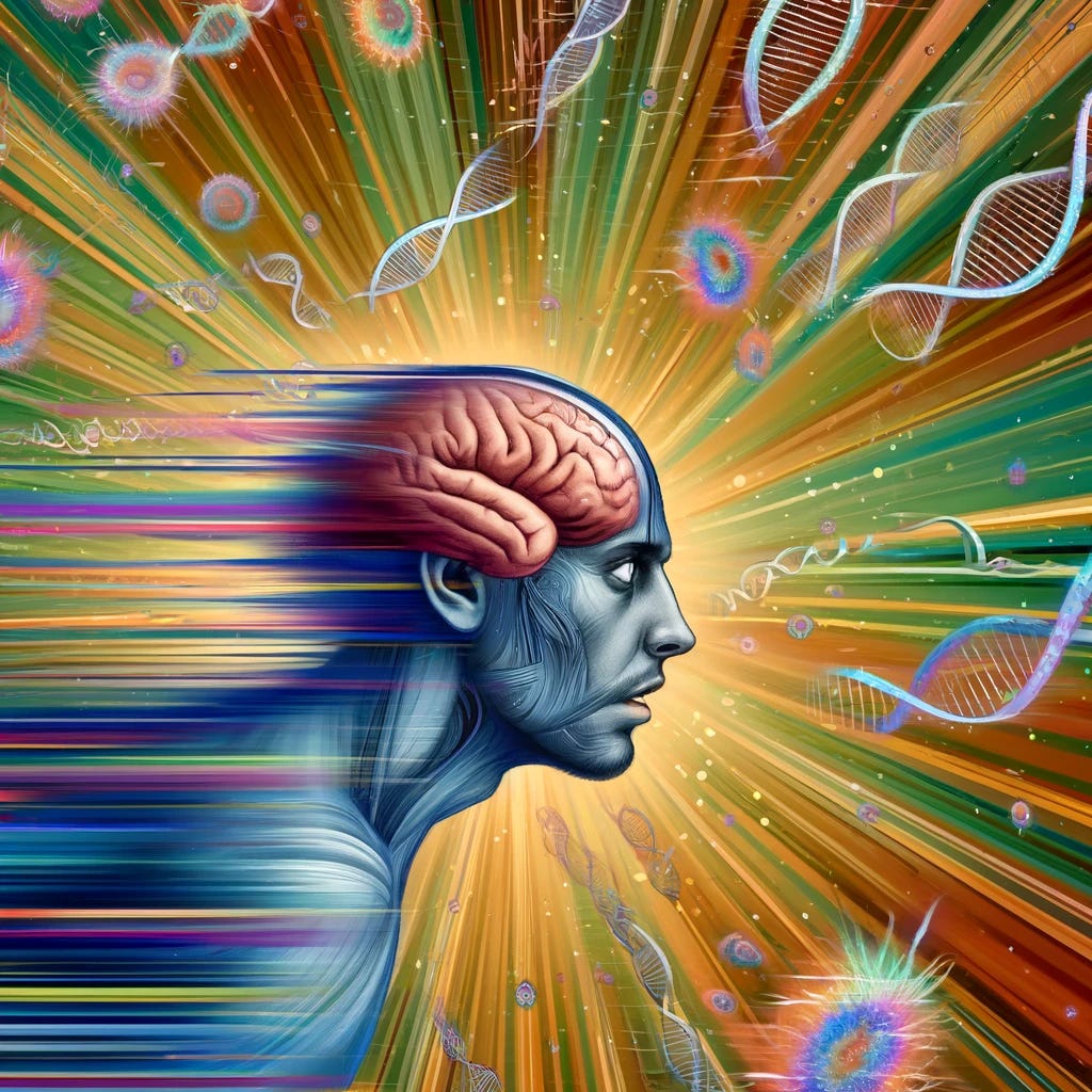 a visible brain structure to illustrate neural activity, enhancing the depiction of the psychological and neurobiological aspects discussed in your article. This visualization, combined with the subtle psychedelic background and DNA elements, captures the complex interplay of genetics, brain chemistry, and the behavioral tendency to rush. The artwork balances scientific detail with artistic interpretation, aligning with the theme of your narrative