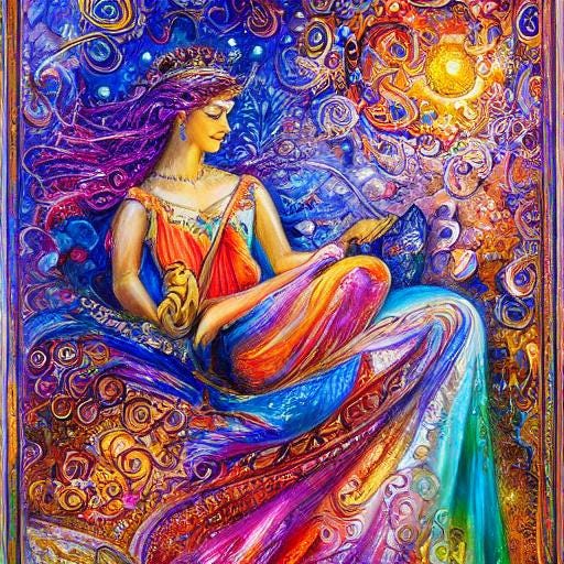 fanciful rainbow-colored woman in flowing robe gazing at book