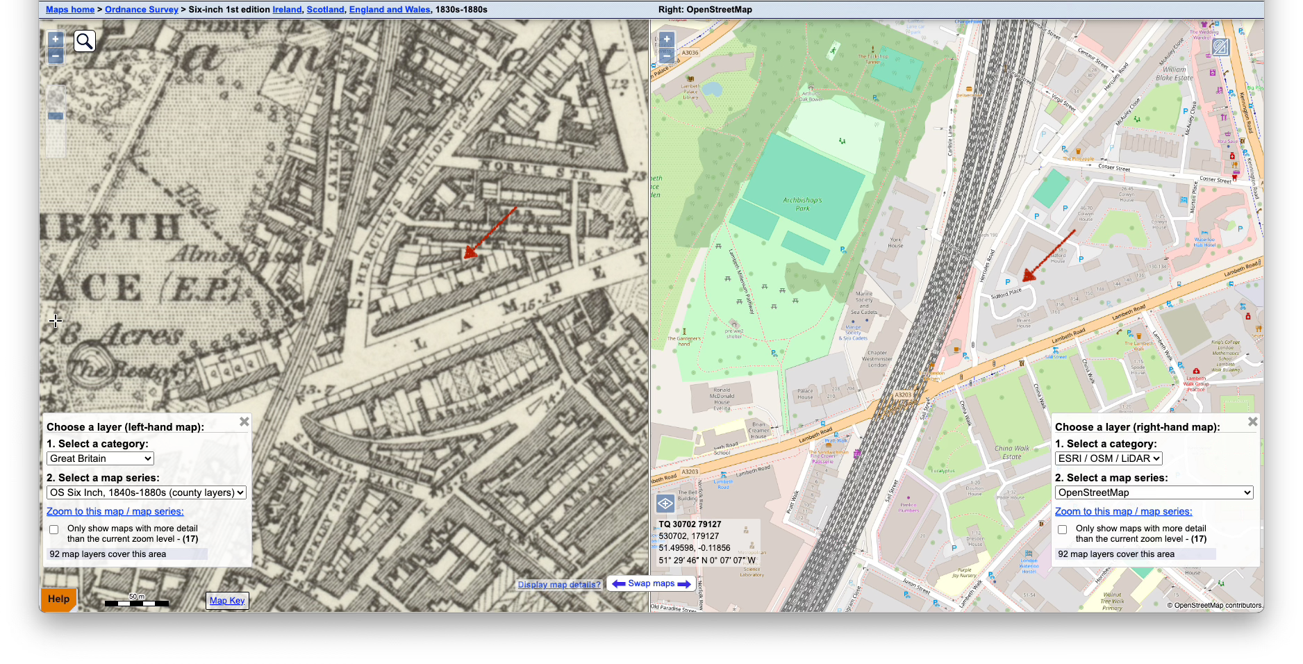 Screenshot from two maps compared using the side by side map viewer at the National Library of Scotland
