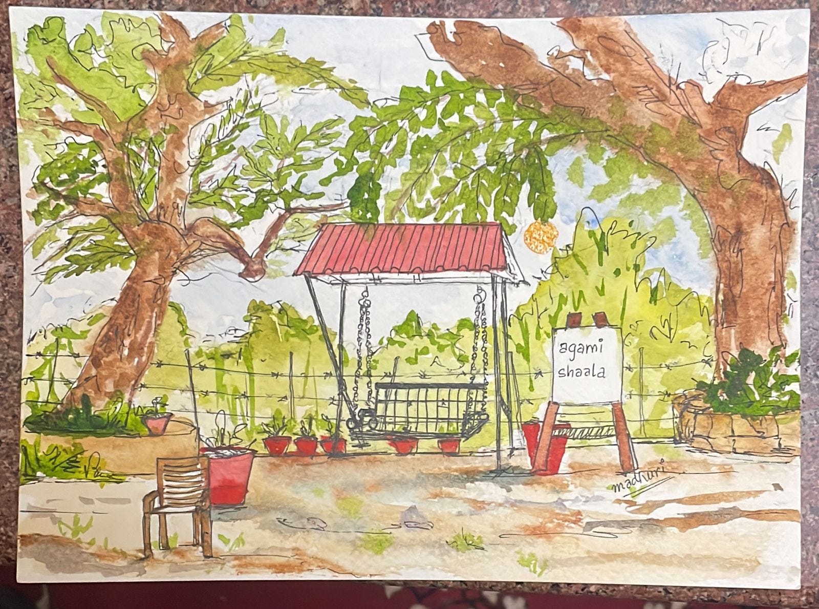 Watercolour painting of a swing with a small display canvas saying 'Agamishaala'