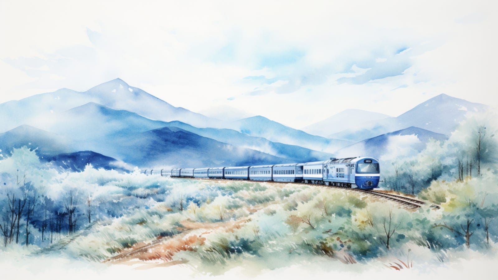 Watercolor sketch of a passenger train travels through the foothills of the Blue Ridge Mountains.