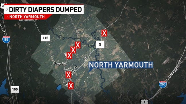 Map of the North Yarmouth area, marking where the dirty diapers were dumped over the years (Data from Cumberland County Sheriff's Office)