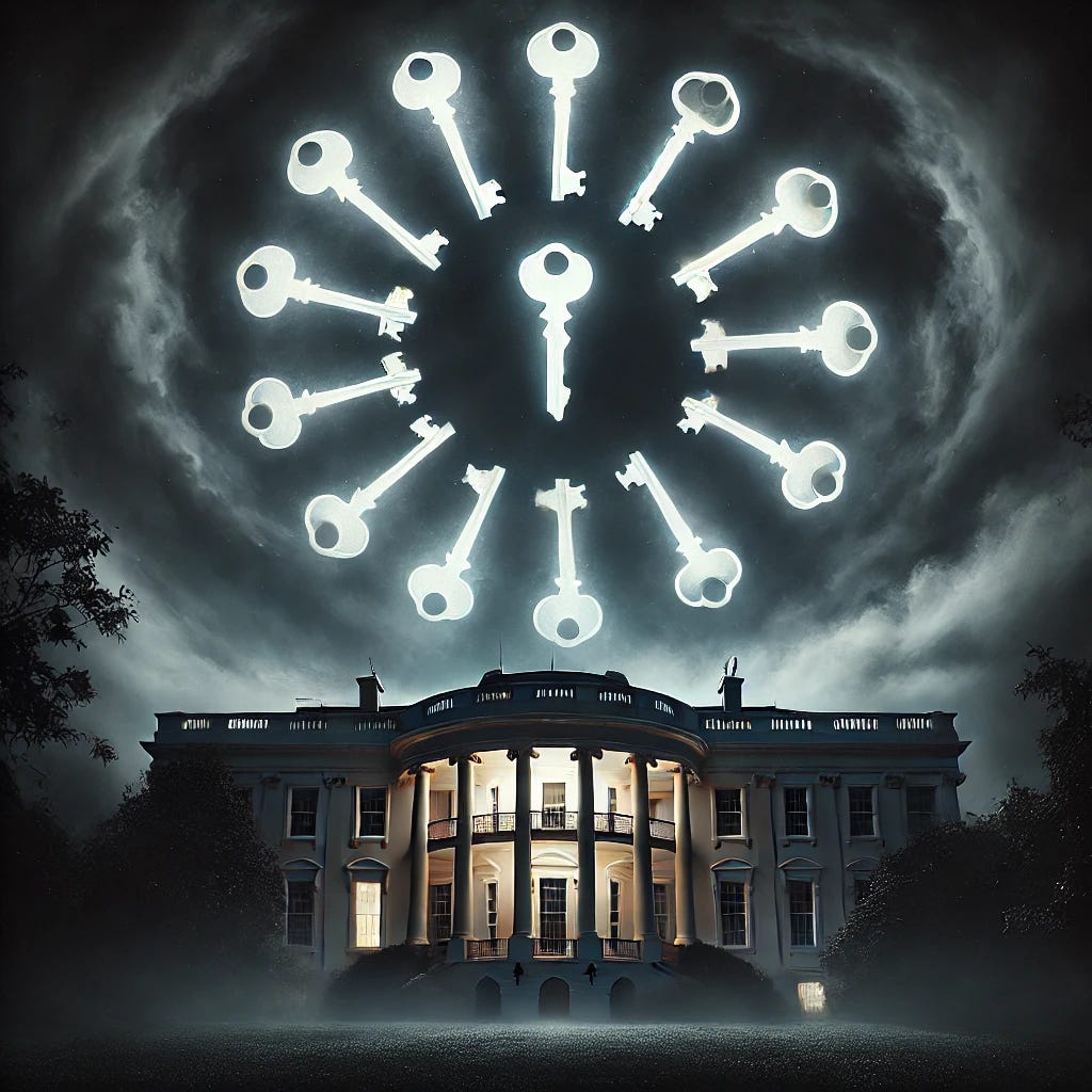 Thirteen glowing keys ominously hovering in a circle above the White House, symbolizing the crucial factors that could determine the 2024 presidential election.