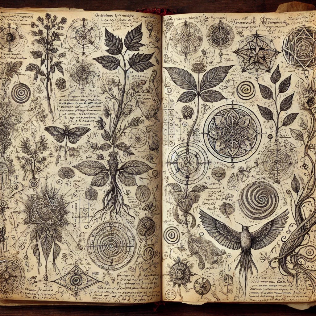 An open sketchbook filled with intricate drawings and notes. The pages feature detailed sketches of plants, animals, and mystical symbols, all intricately intertwined with scientific diagrams and observations. The style is a blend of naturalist illustration and mystical art, with finely drawn leaves, animal anatomy, and symbols like spirals and celestial patterns. The pages are worn, with occasional ink smudges and signs of frequent use, conveying a sense of exploration and discovery. The overall feel is both scientific and mystical, without any headings or titles on the pages.