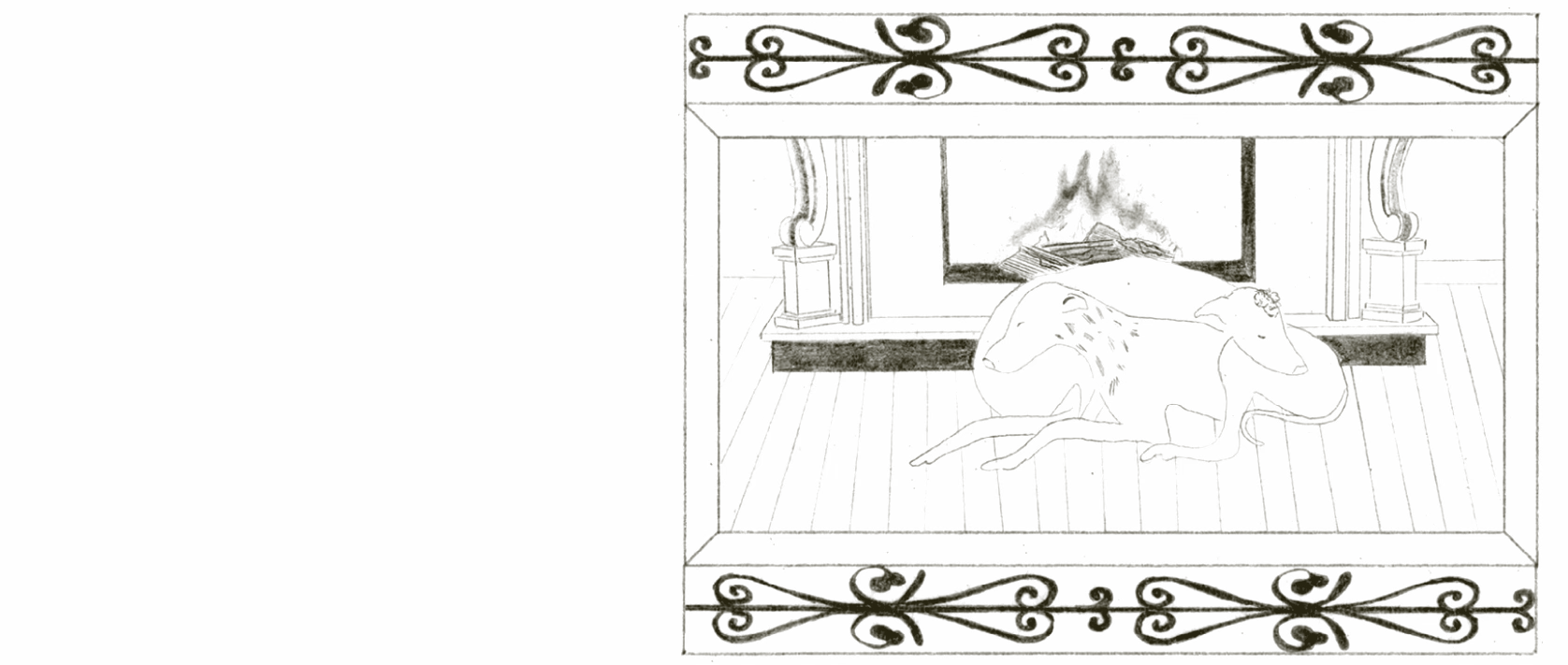 Illustration of two greyhounds nestled together on a wooden floor in front of a roaring fireplace. The scene is framed with ornate detailing, evoking warmth and intimacy.