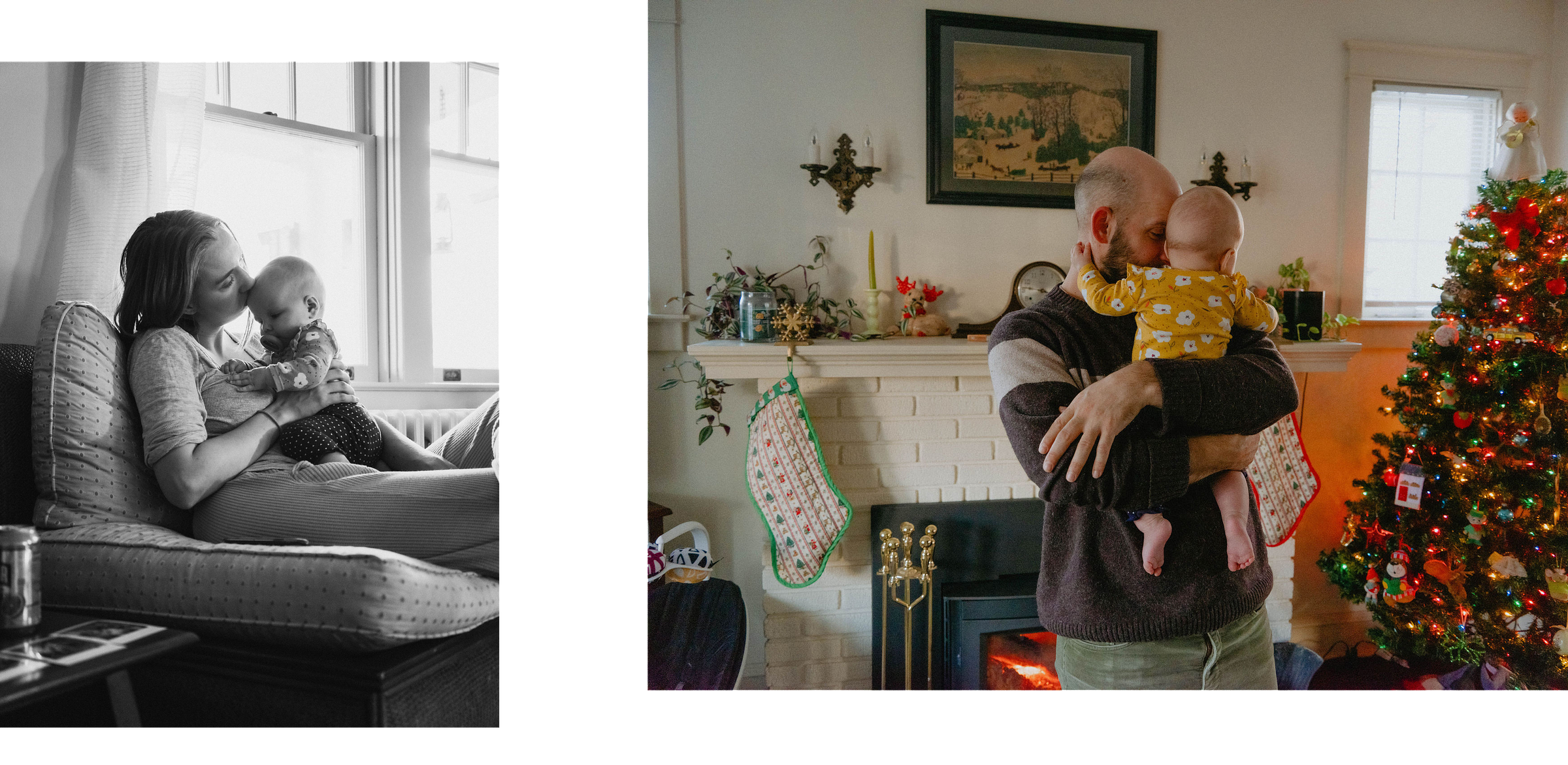 two photographs by the author in their friend's pennsylvania home. The first image to the left is a black and white photographing showing Shawna kissing her baby on the head. The image to the right is a color photograph of Jake holding their baby. The background has a christmas tree and other holiday decorations.