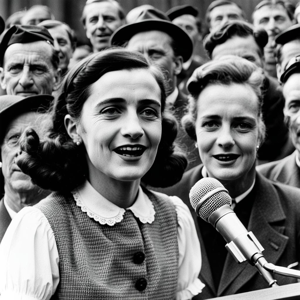 Anne Frank as a grown woman, speaking to a crowd in black and white. Her theme: "Your female voice will be heard!"