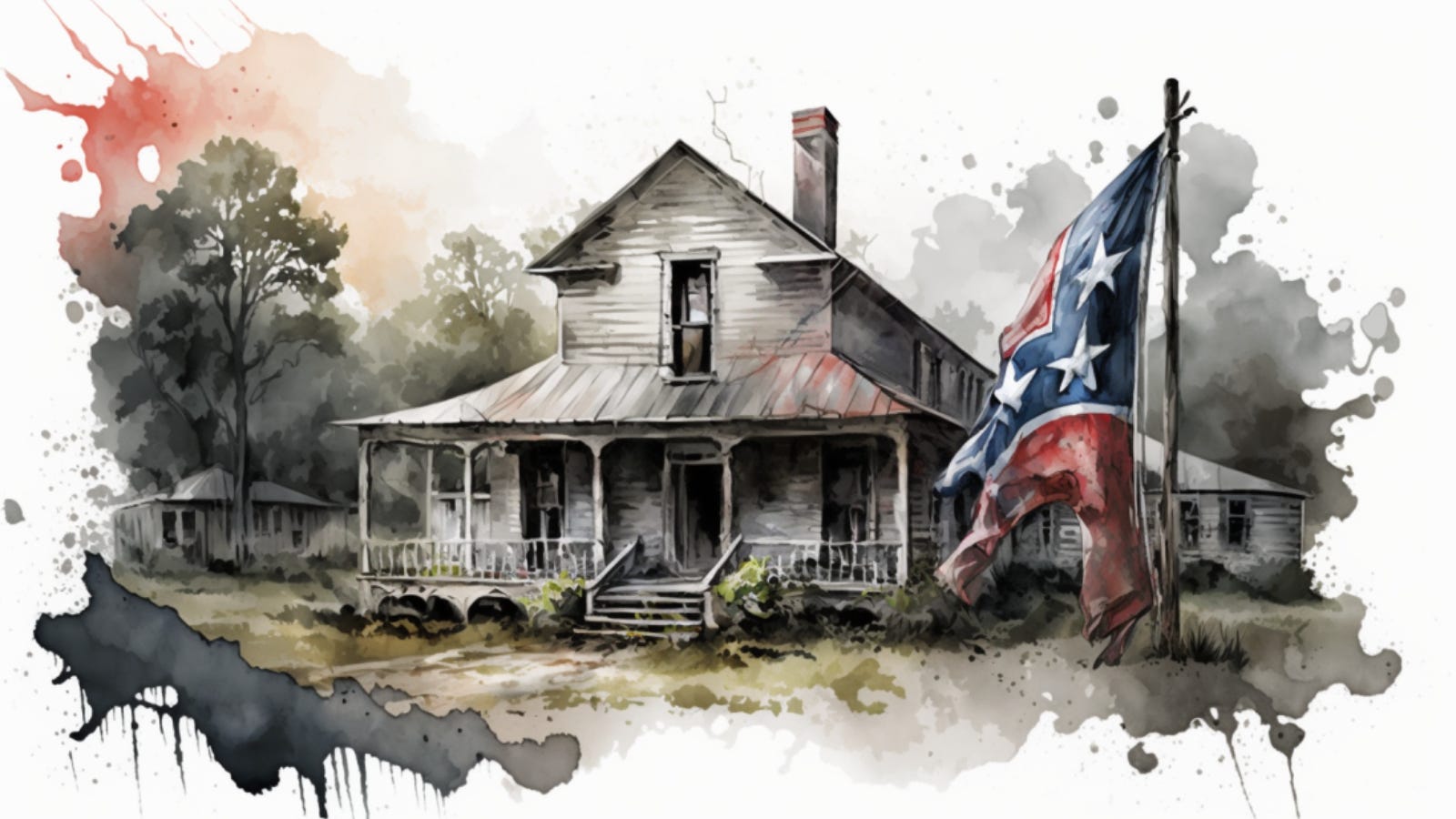 A watercolor sketch of an old house in Burke County, North Carolina flying a torn and faded Confederate Battle Flag. 