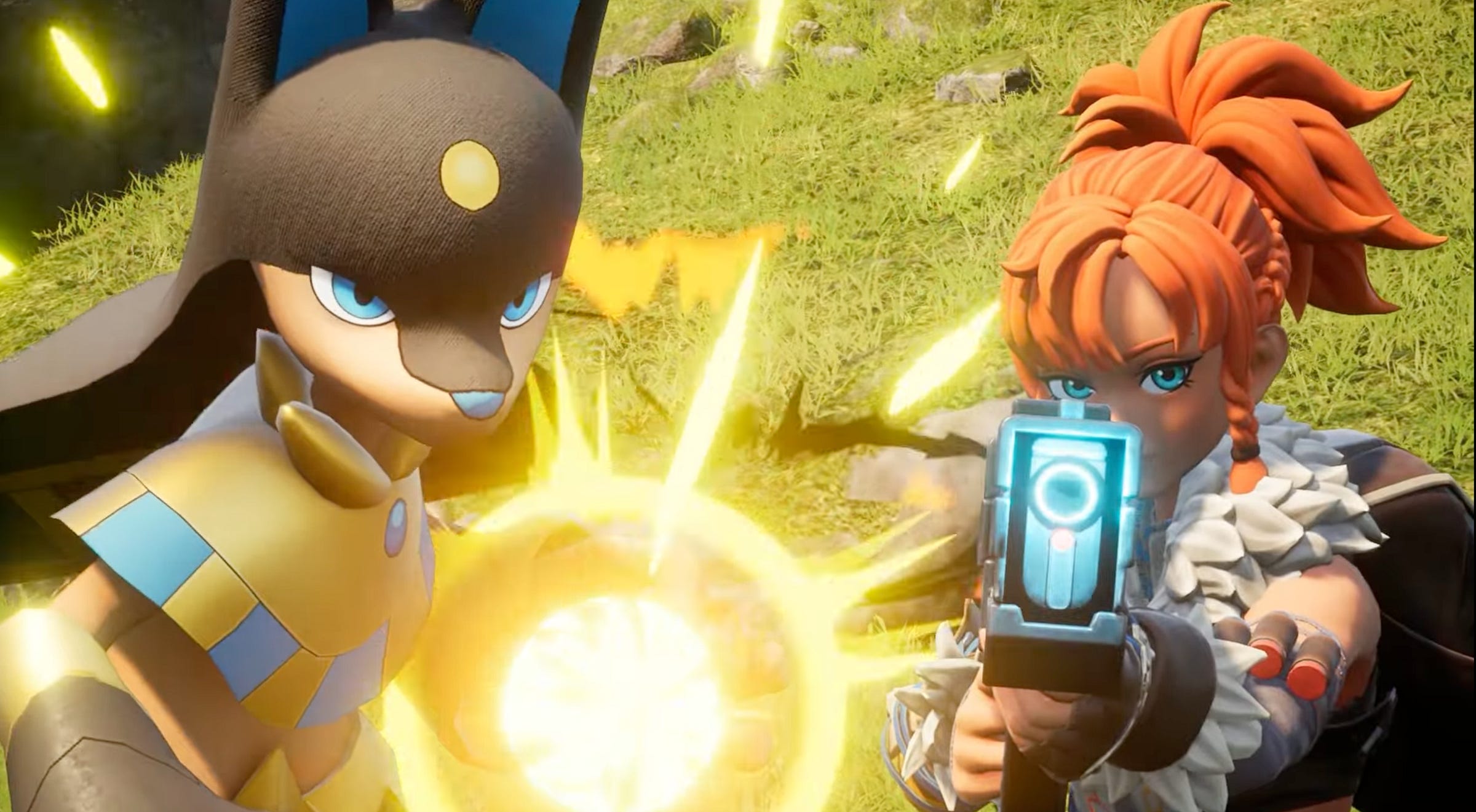 Video game screenshot of a wolf-like creature and a woman both looking out at the viewer, ready to strike. The wolf-like creature is holding an energy ball. The woman has a gun. 