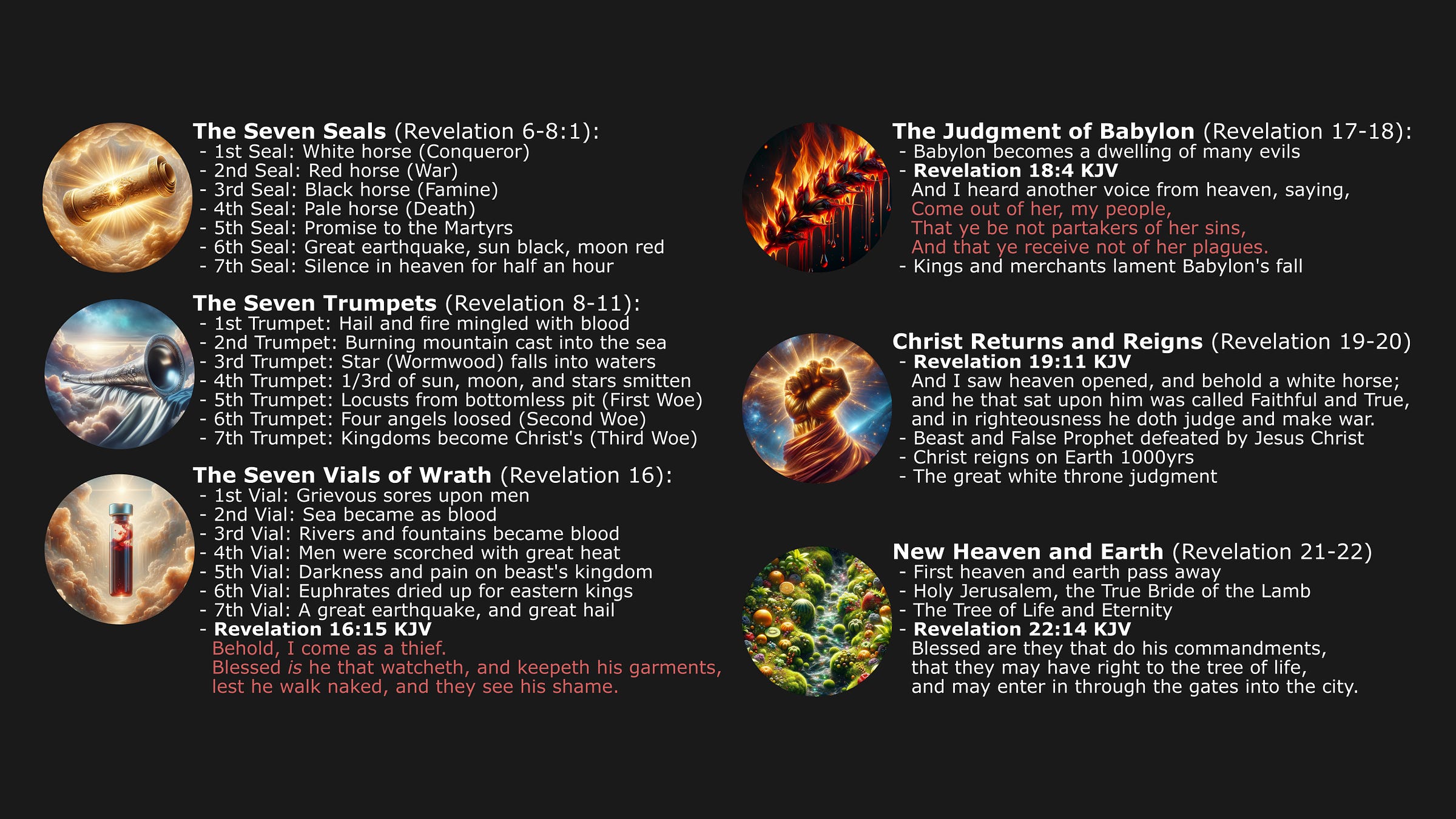 The image provides a summary of events from the Book of Revelation in the KJV Bible. It lists out the Seven Seals (Revelation 6-8:1), Seven Trumpets (Revelation 8-11), Seven Vials of Wrath (Revelation 16), the Judgment of Babylon (Revelation 17-18), Christ's Return and Reign (Revelation 19-20), and the New Heaven and Earth (Revelation 21-22).   For each set of events, the image provides brief descriptions, such as the First Seal being a white horse (Conqueror), the First Trumpet bringing hail and fire mingled with blood, the First Vial turning the sea to blood, Babylon becoming a dwelling place of evil, Christ returning on a white horse to reign for 1000 years, and the first heaven and earth passing away as a New Jerusalem and Earth are created.   The image also includes some specific verses, like Revelation 16:15 and 22:14, which speak of blessings for those who are watchful and obedient.