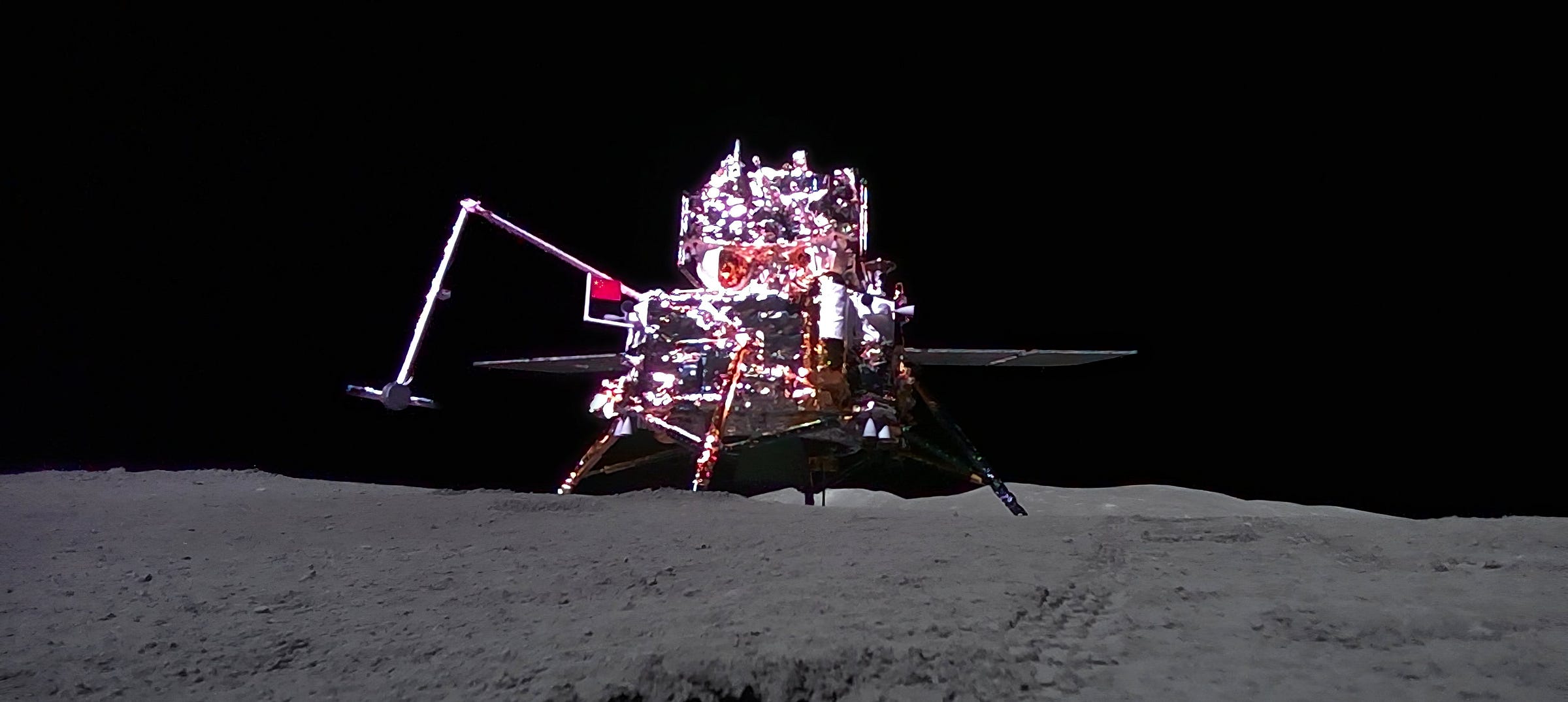 The Chang’e 6 spacecraft on the lunar surface during lunar sample gathering.