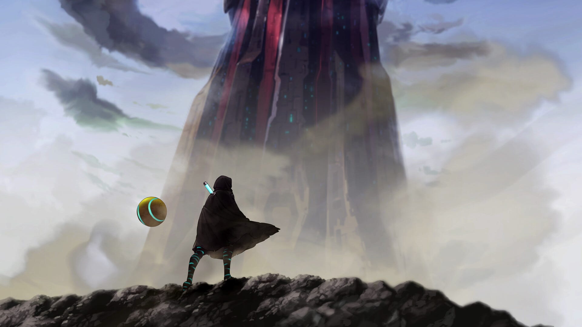 Image of a cloaked figure looking at a tall tower. A yellow sphere floats near them.