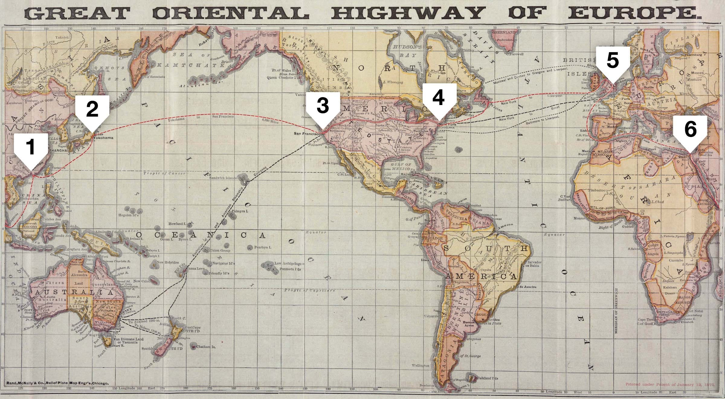 Map of the Chicago Rock Island and Pacific Railroad and related steamship lines to Europe and Asia, 1874