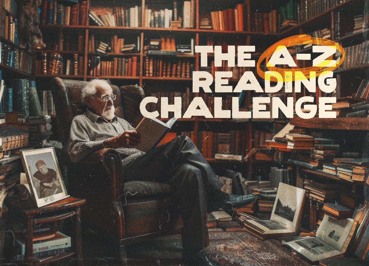 An elderly man in a chair reading a book.  The room is full floor to ceiling with bookshelves.