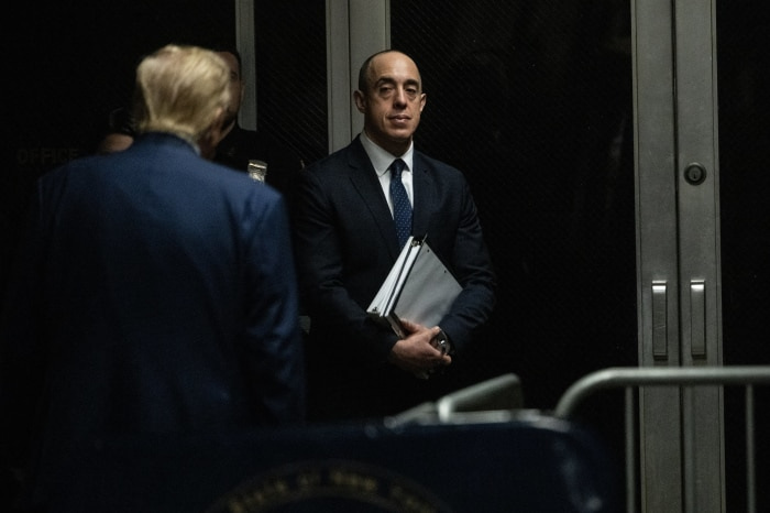 Attorney Emil Bove with Donald Trump at Manhattan Criminal Court last May. 