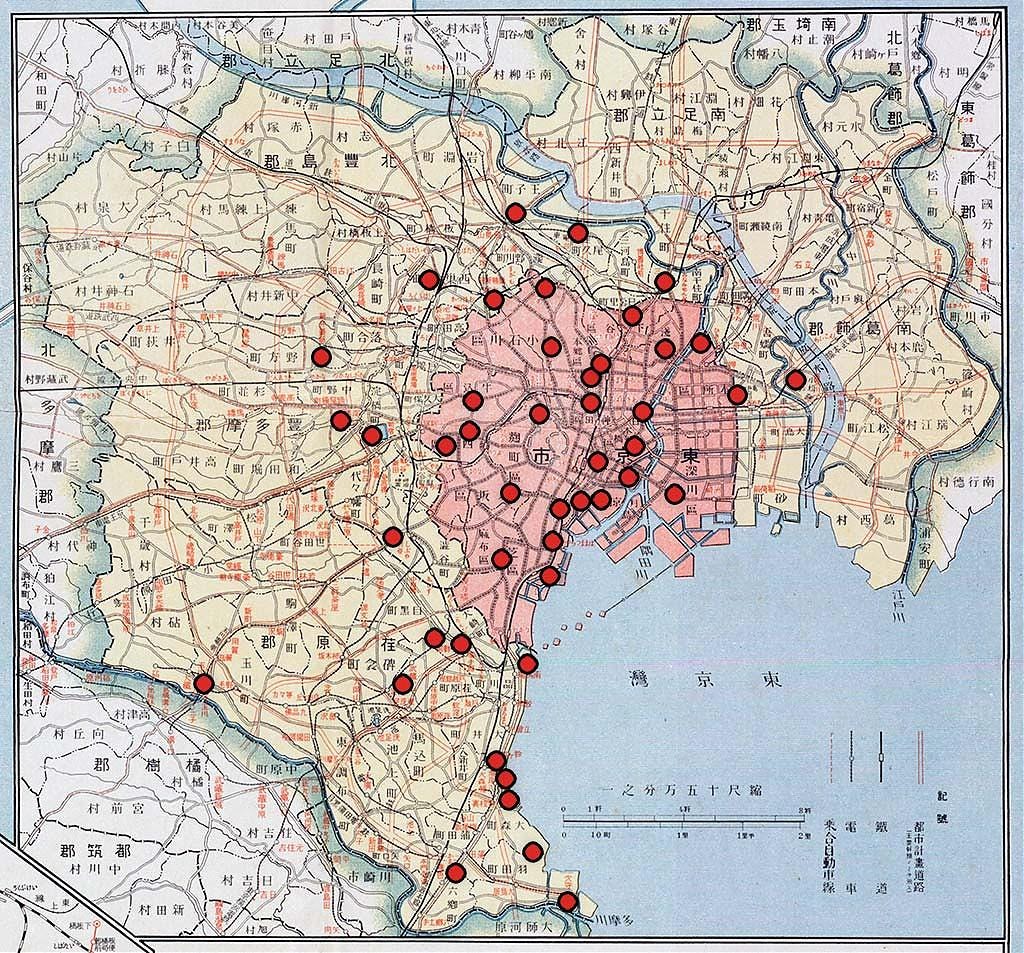 1930 map of Tokyo with the approximate locations of the metropolitan area's 46 hanamachi