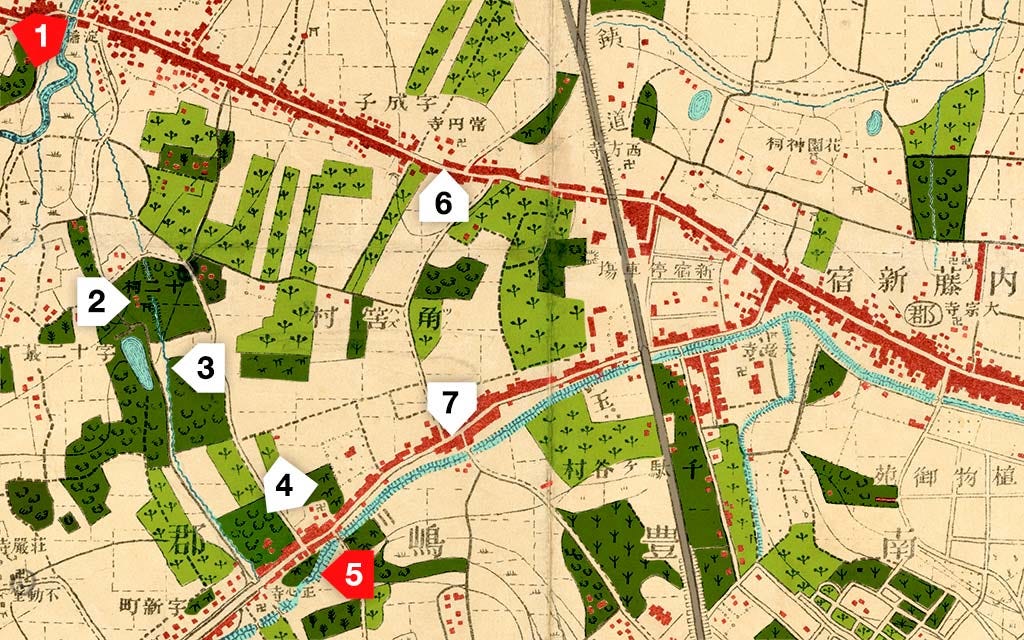 Colored map of Shinjuku in 1894 (Meiji 27)