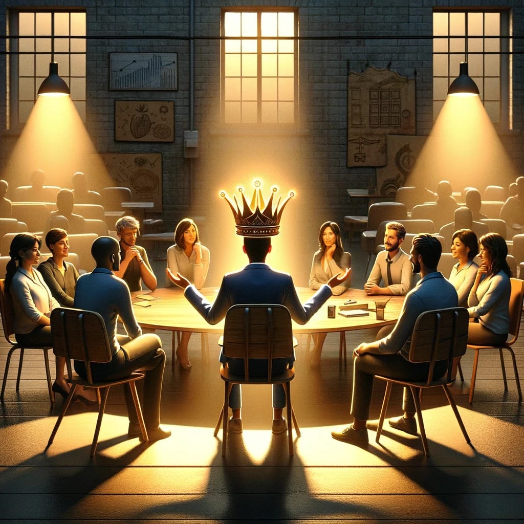 A thought-provoking image symbolizing the concept of 'Empathy Over Authority'. It features a leader and their team in a collaborative environment, where the leader is not sitting on a high chair or behind a large desk, but instead, is at the same level as the team members, perhaps sitting with them around a round table or in a circle on comfortable chairs. The leader is listening intently, showing understanding and compassion, with an open posture that invites conversation and sharing. Visual metaphors such as open hands, a bridge connecting the leader to the team members, or a light illuminating from the leader to the team, could emphasize the importance of empathy and understanding over traditional symbols of authority like a crown or a scepter. The setting is inclusive, warm, and encourages mutual respect and empathy.