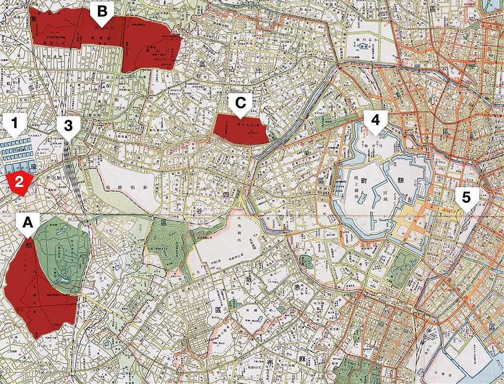 1930 map showing areas with major military installations in Tokyo marked in red