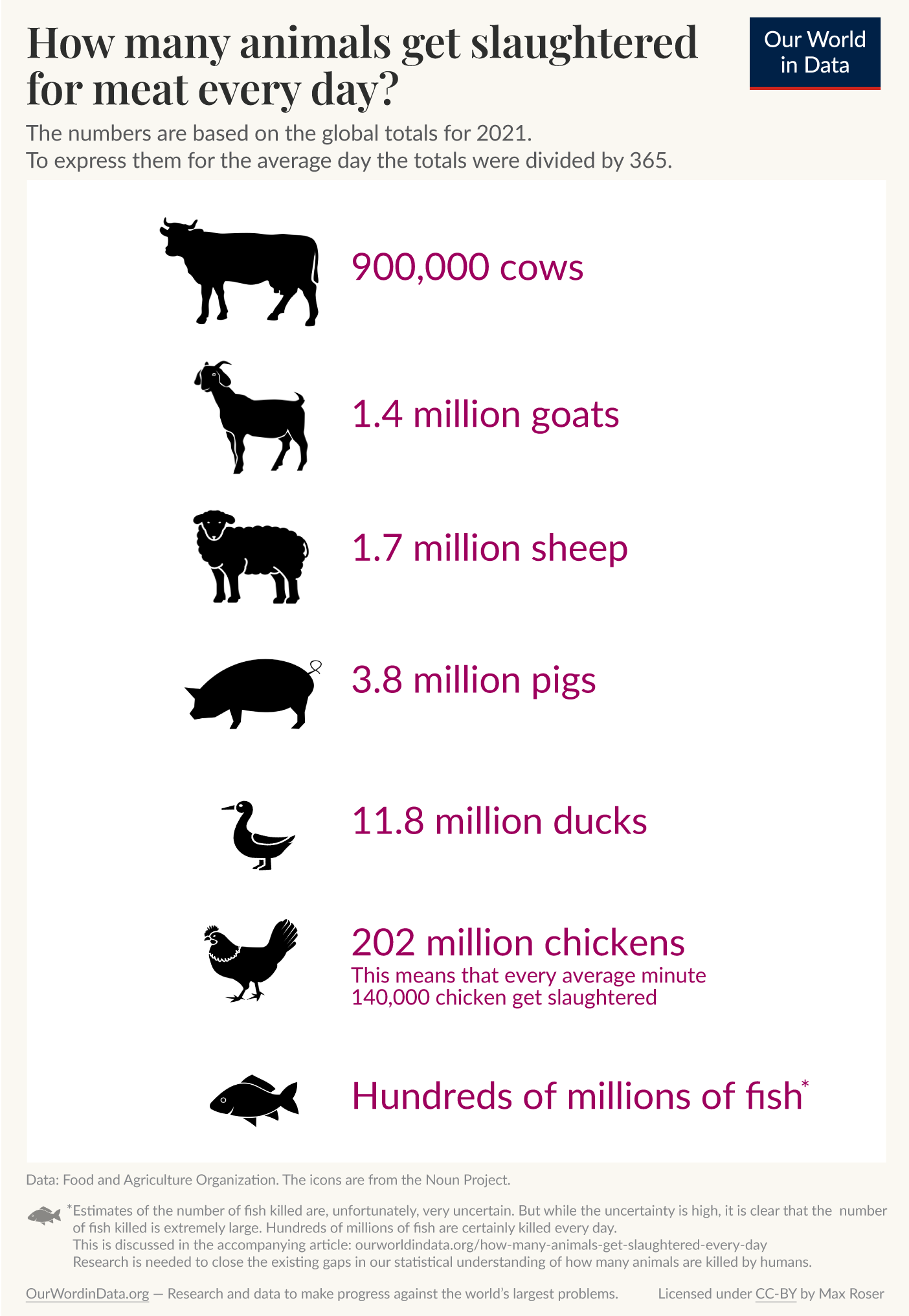 We today are living in a world in which we kill 900,000 cows, 1.4 million goats, 1.7 million sheep, 3.8 million pigs, and more than 200 million chicken every day