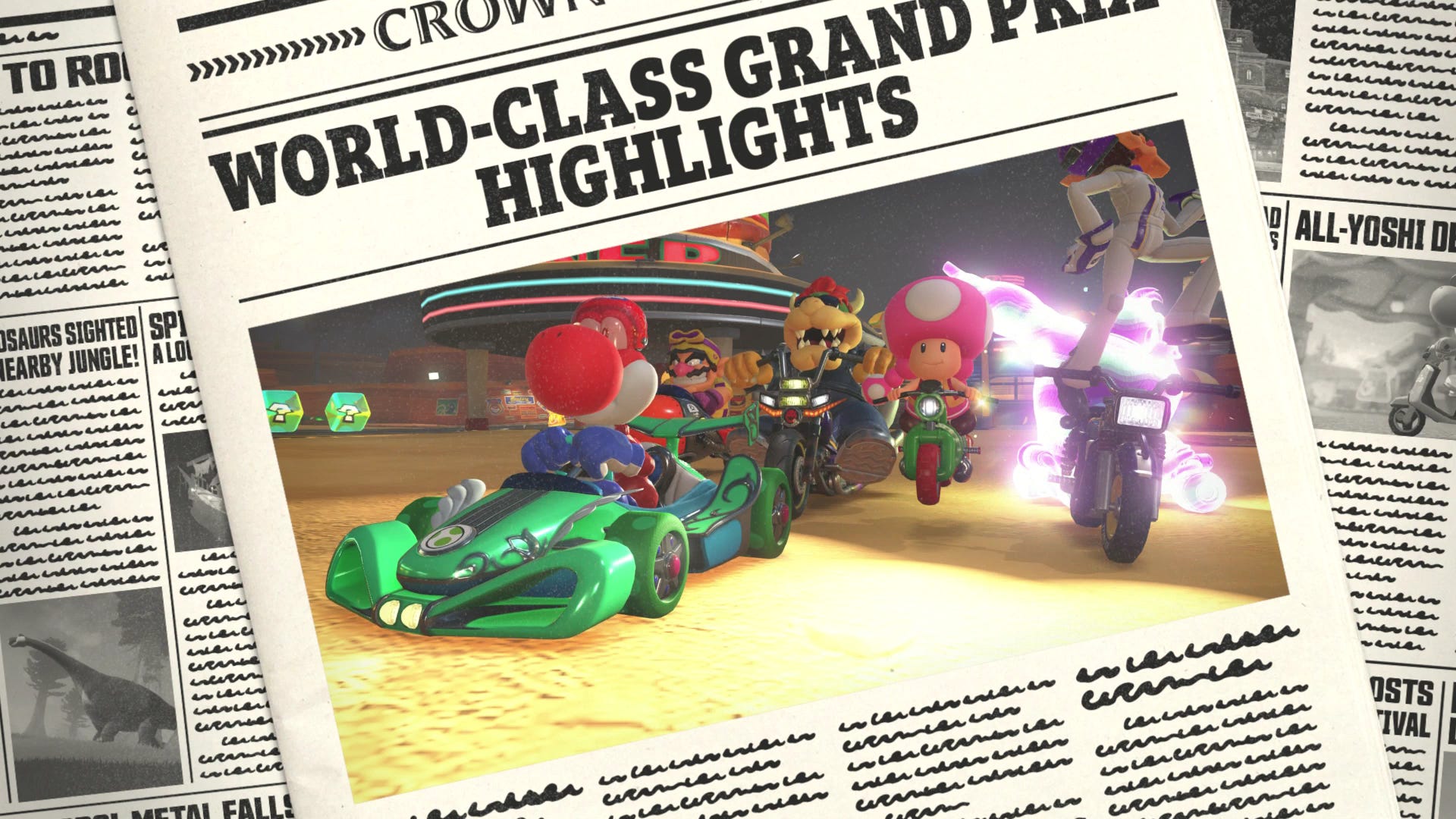 Video game screenshot of four Mario Kart characters on karts and bikes, shown as if they were featured on the front page of a newspaper Video game screenshot of four Mario Kart characters on karts and bikes, shown as if they were featured on the front page of a newspaper