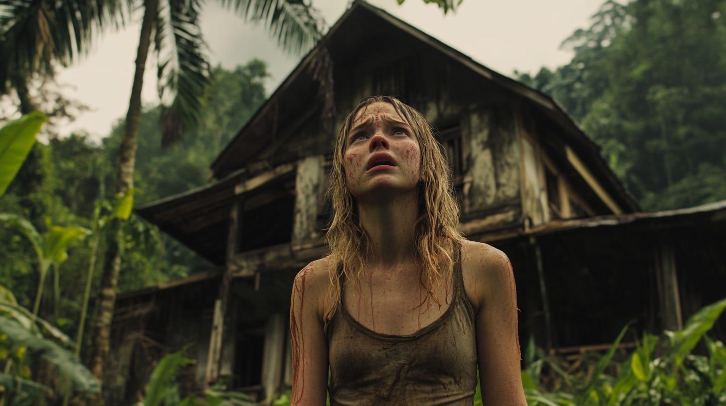 Establishing scene. /imagine prompt: establishing photograph shot of Emily crying in front of an old house in a jungle — ar 16:9 — v 6.1