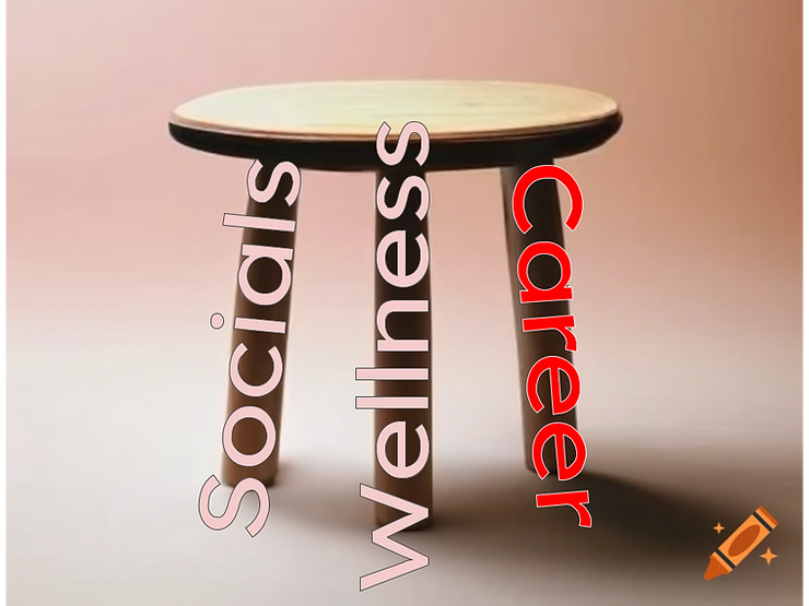 three-legged stool of socials, wellness, and career with emphasis using bold bright colors on career