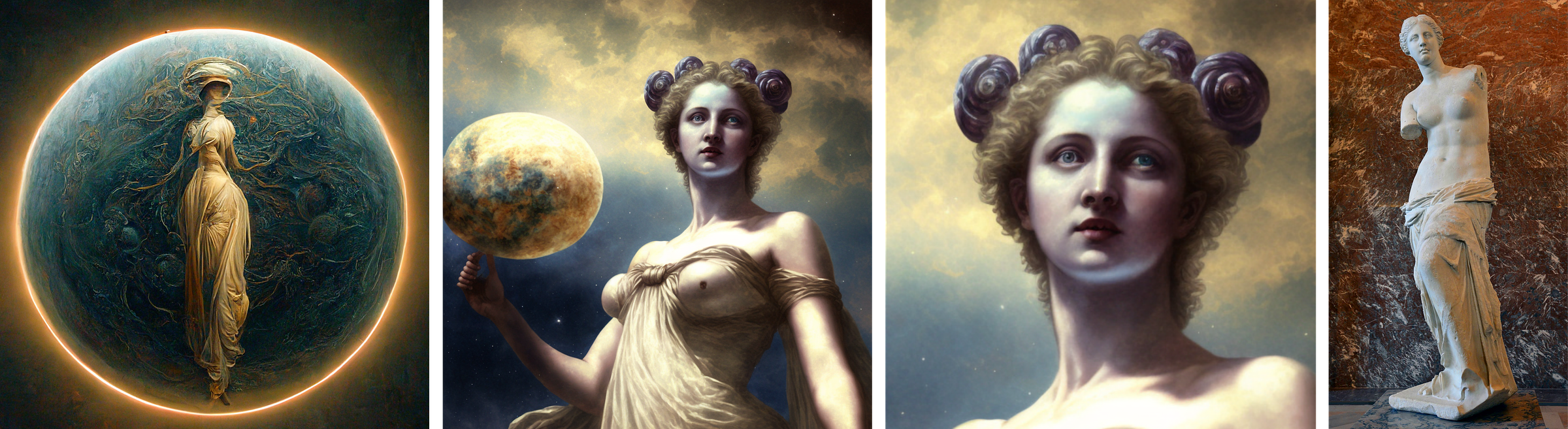 Three images. 1) A loosely rendered female figure with wide hips, no arms, and narrow shoulders and a head with no facial features stands in front of a blue marbled planet. She’s wearing a flowing dress that descends to her feet. 2) A painterly depiction of a woman from the hips up, looking outward past the viewer. She’s wearing a garment that covers her chest and wraps around her left upper arm. Her shoulders and neck are bare. She has a pleasant neutral expression, and her face resembles the Venus de Milo, especially her brow and nose and turned head. In her right hand, which has too many fingers, she holds a planet. 3) A close up of her face. 4) A photo the Venus de Milo, an ancient Greek sculpture of damaged, age-worn marble depicting a woman standing upright with a slightly twisted pose, looking to one side with a pleasant neutral expression. A loose garment wraps around her waist conceals her legs. From the waist up, she is nude. Her arms are missing. Her pose is somewhat unnatural and mysterious.