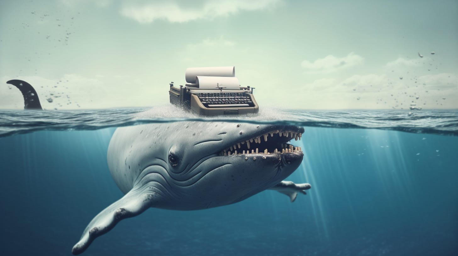 A white whale with a typewriter balanced on its head.